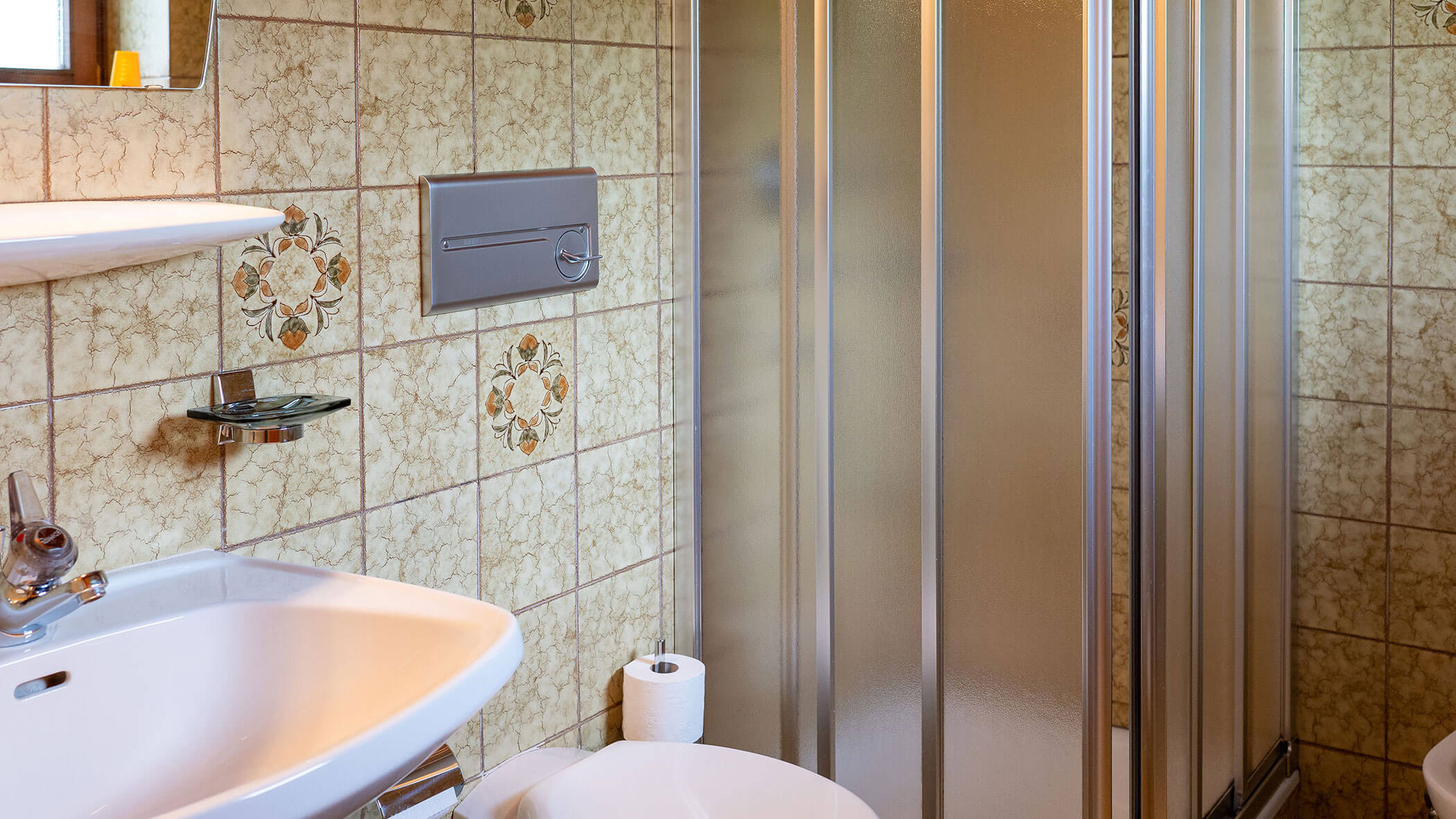 Badezimmer mit Waschbecken, WC und Dusche in der Ferienwohnung Alpenrose - Villa Taschler